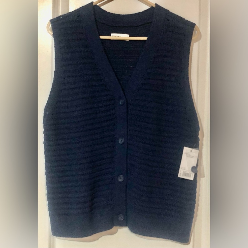Sonoma Women’s Navy Textured Button-Front Sweater Vest ~ NWT